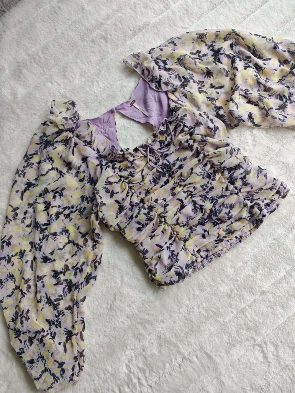 Free People Floral Ruched Blouse Top Puff Sleeve Tie Front Cottagecore Boho M - Picture 6 of 16